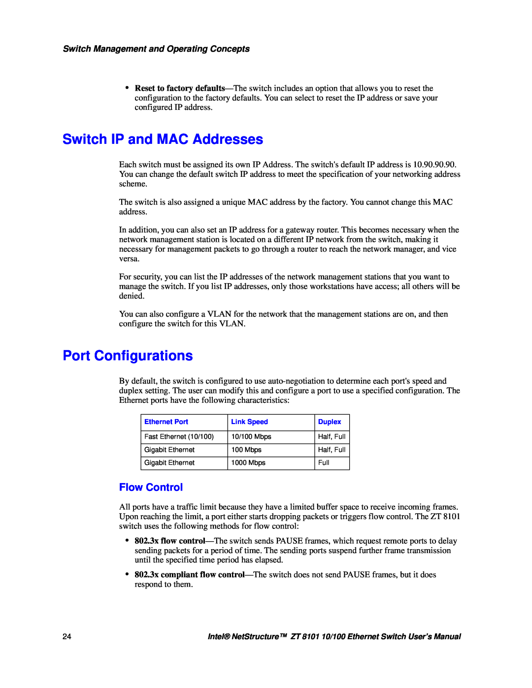 Intel ZT 8101 10/100 user manual Switch IP and MAC Addresses, Port Configurations, Flow Control 