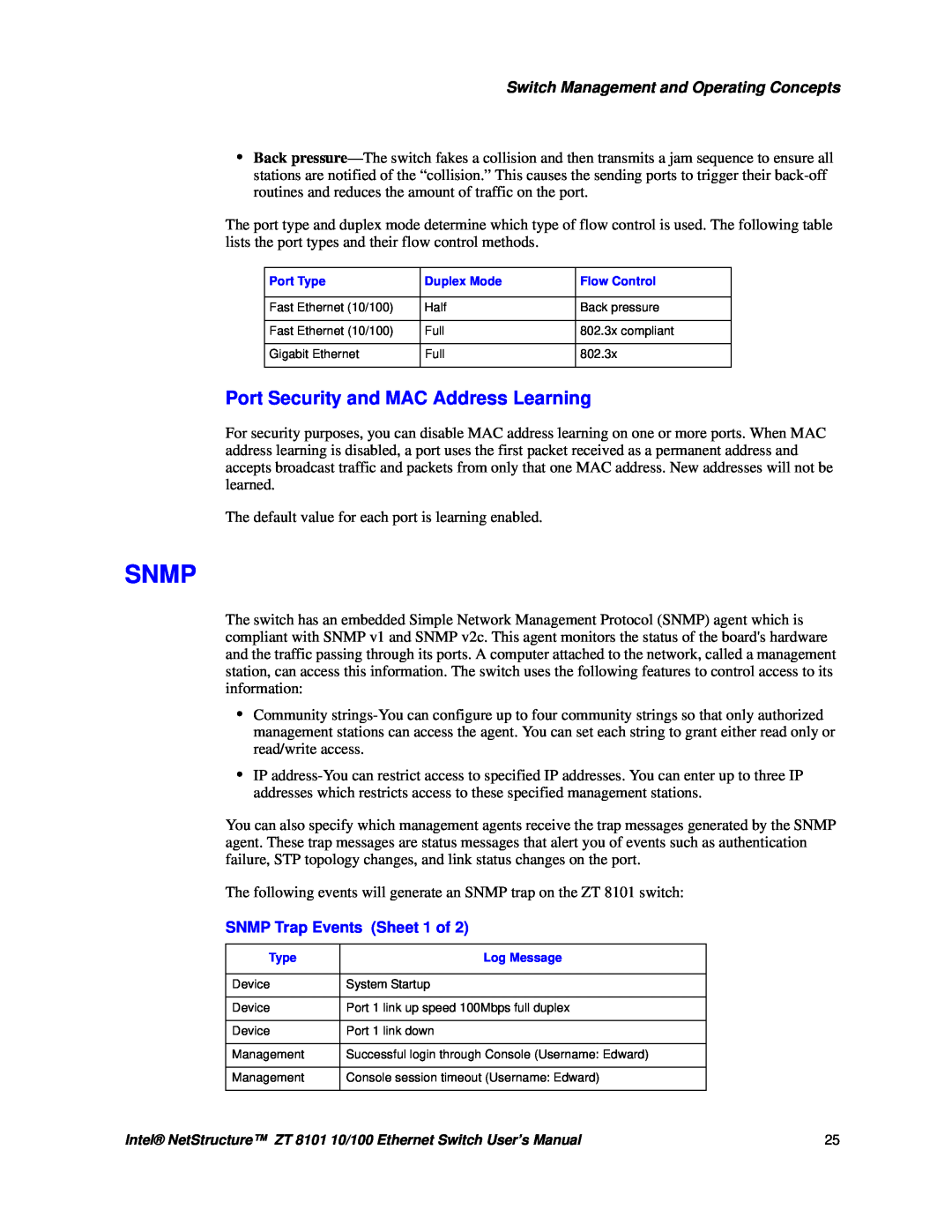 Intel ZT 8101 10/100 user manual Snmp, Port Security and MAC Address Learning, SNMP Trap Events Sheet 1 of 