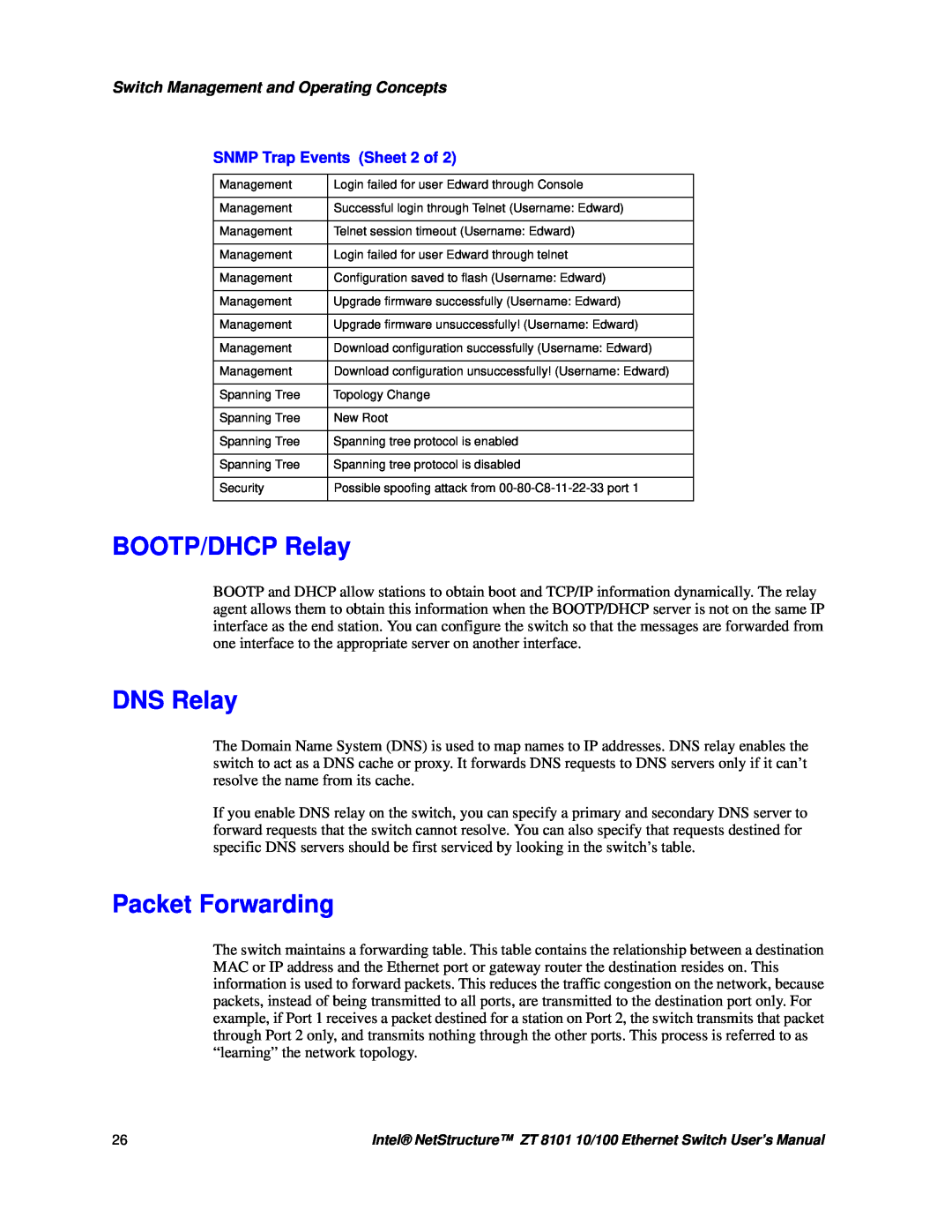Intel ZT 8101 10/100 user manual BOOTP/DHCP Relay, DNS Relay, Packet Forwarding, SNMP Trap Events Sheet 2 of 