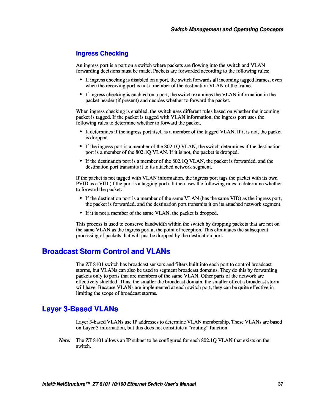 Intel ZT 8101 10/100 user manual Broadcast Storm Control and VLANs, Layer 3-BasedVLANs, Ingress Checking 