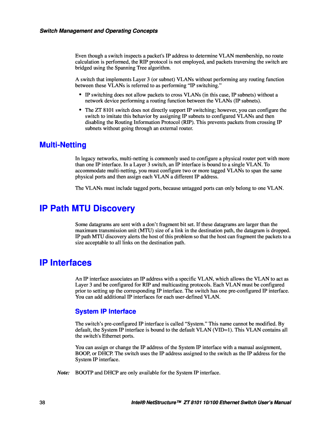 Intel ZT 8101 10/100 user manual IP Path MTU Discovery, IP Interfaces, Multi-Netting, System IP Interface 