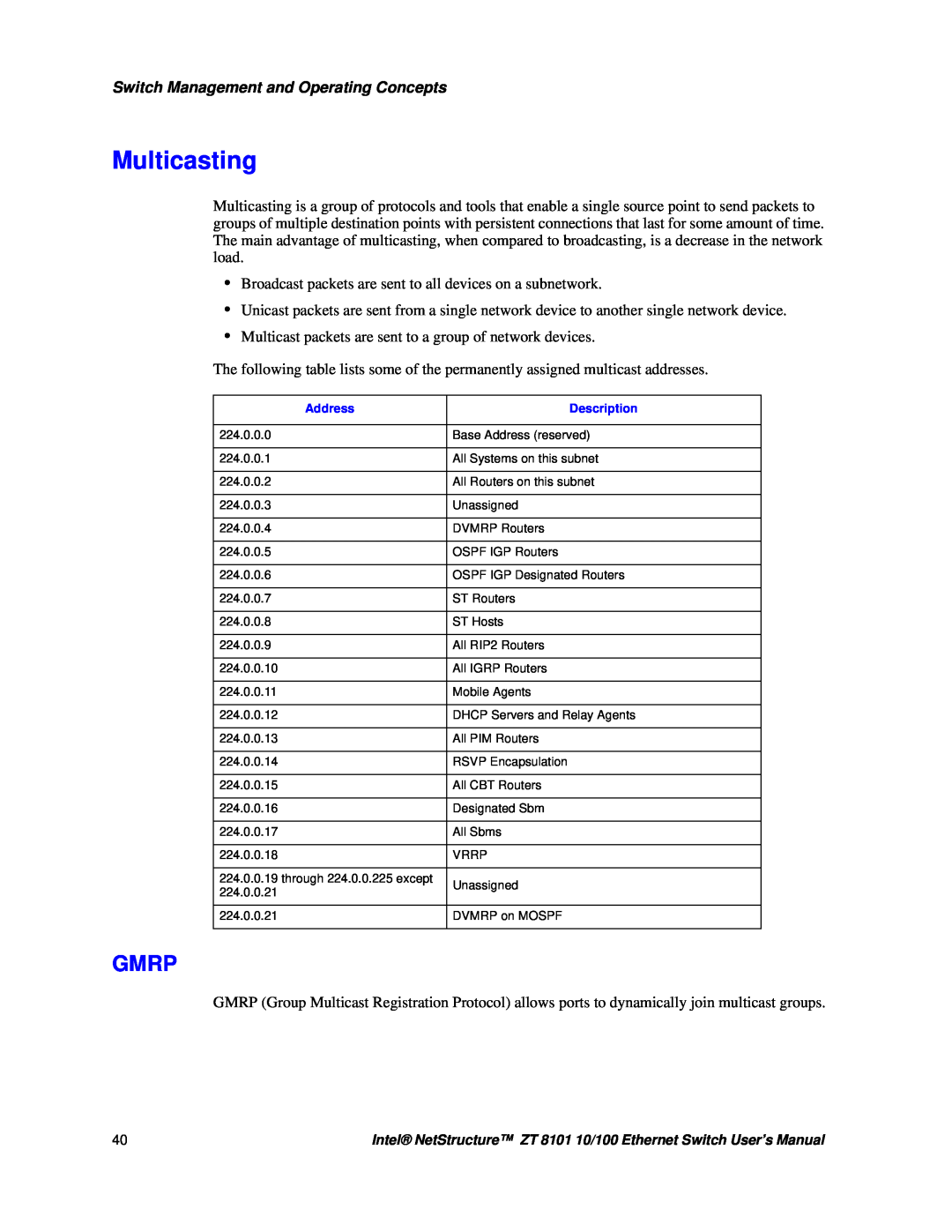 Intel ZT 8101 10/100 user manual Multicasting, Gmrp, Switch Management and Operating Concepts 