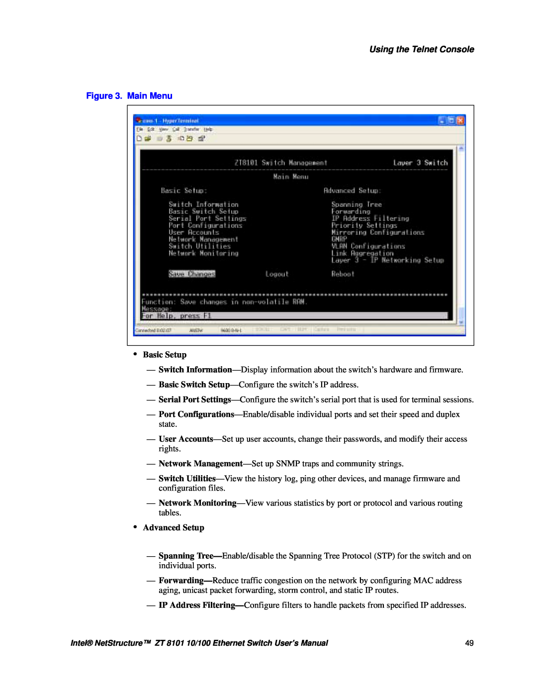 Intel ZT 8101 10/100 user manual Main Menu, Using the Telnet Console, •Basic Setup, •Advanced Setup 