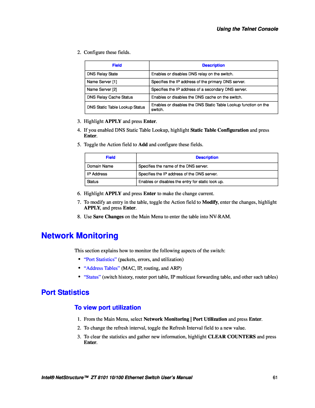 Intel ZT 8101 10/100 user manual Network Monitoring, Port Statistics, To view port utilization, Using the Telnet Console 