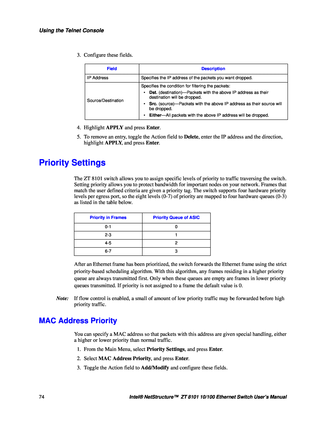 Intel ZT 8101 10/100 user manual Priority Settings, MAC Address Priority, Using the Telnet Console 