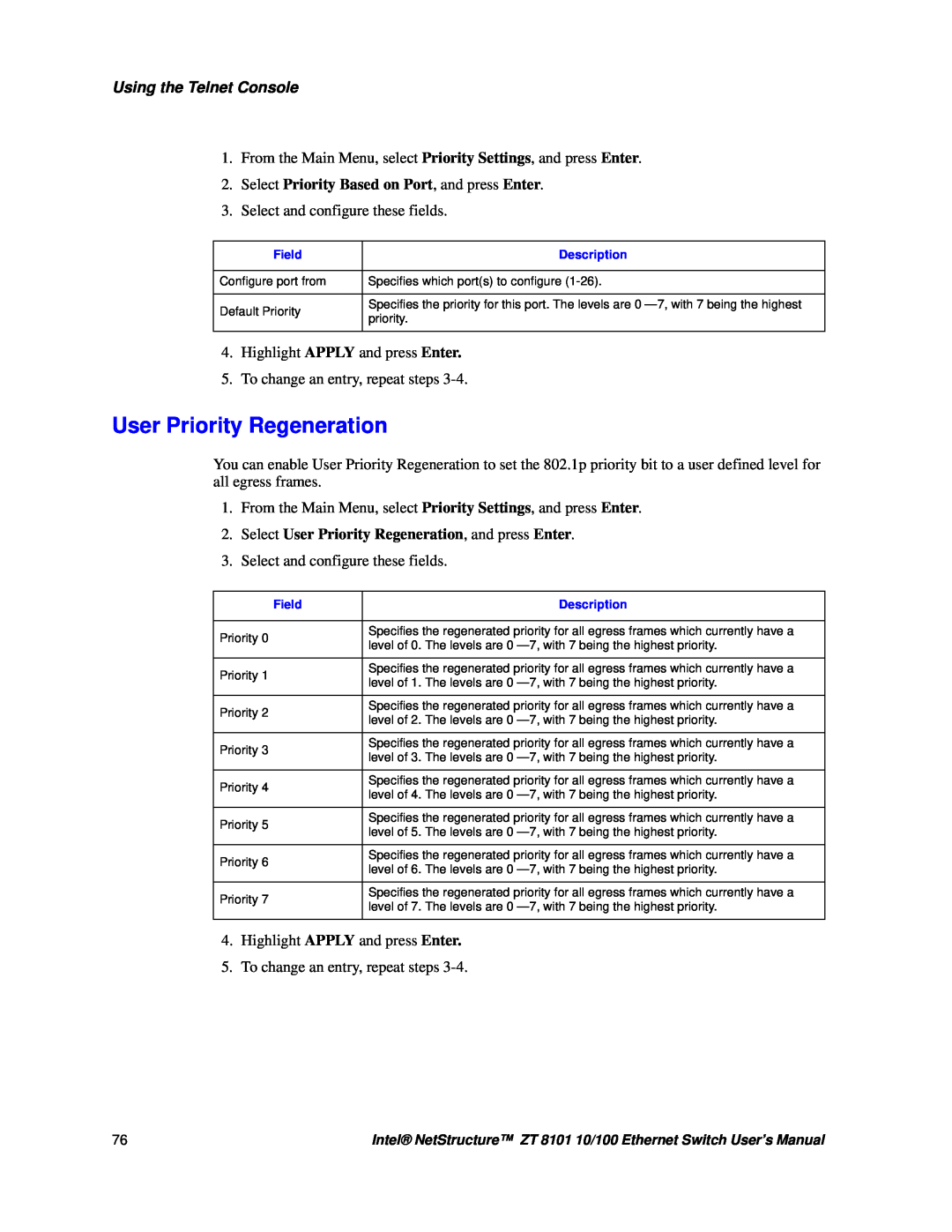 Intel ZT 8101 10/100 user manual User Priority Regeneration, Using the Telnet Console, Field, Description 