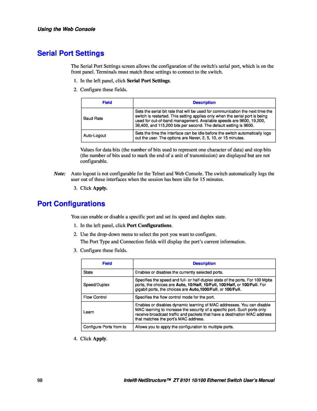 Intel ZT 8101 10/100 user manual Serial Port Settings, Port Configurations, Using the Web Console 