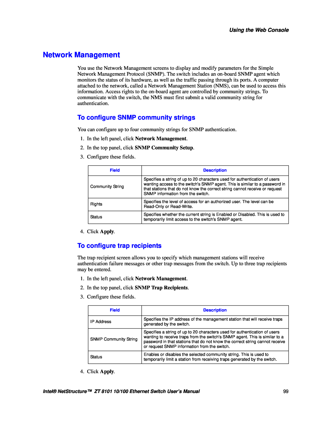 Intel ZT 8101 10/100 user manual Network Management, To configure SNMP community strings, To configure trap recipients 