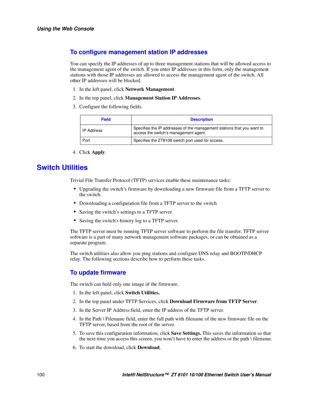 Intel ZT 8101 10/100 To configure management station IP addresses, Top panel, click Management Station IP Addresses 