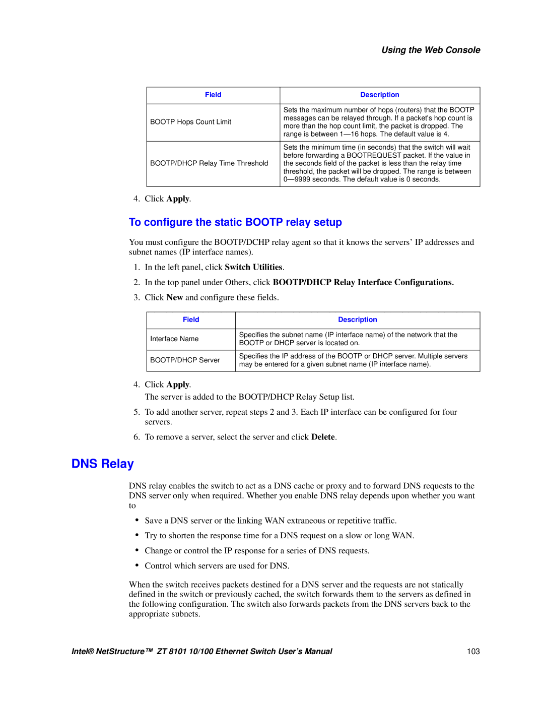 Intel ZT 8101 10/100 user manual To configure the static Bootp relay setup, Click New and configure these fields 