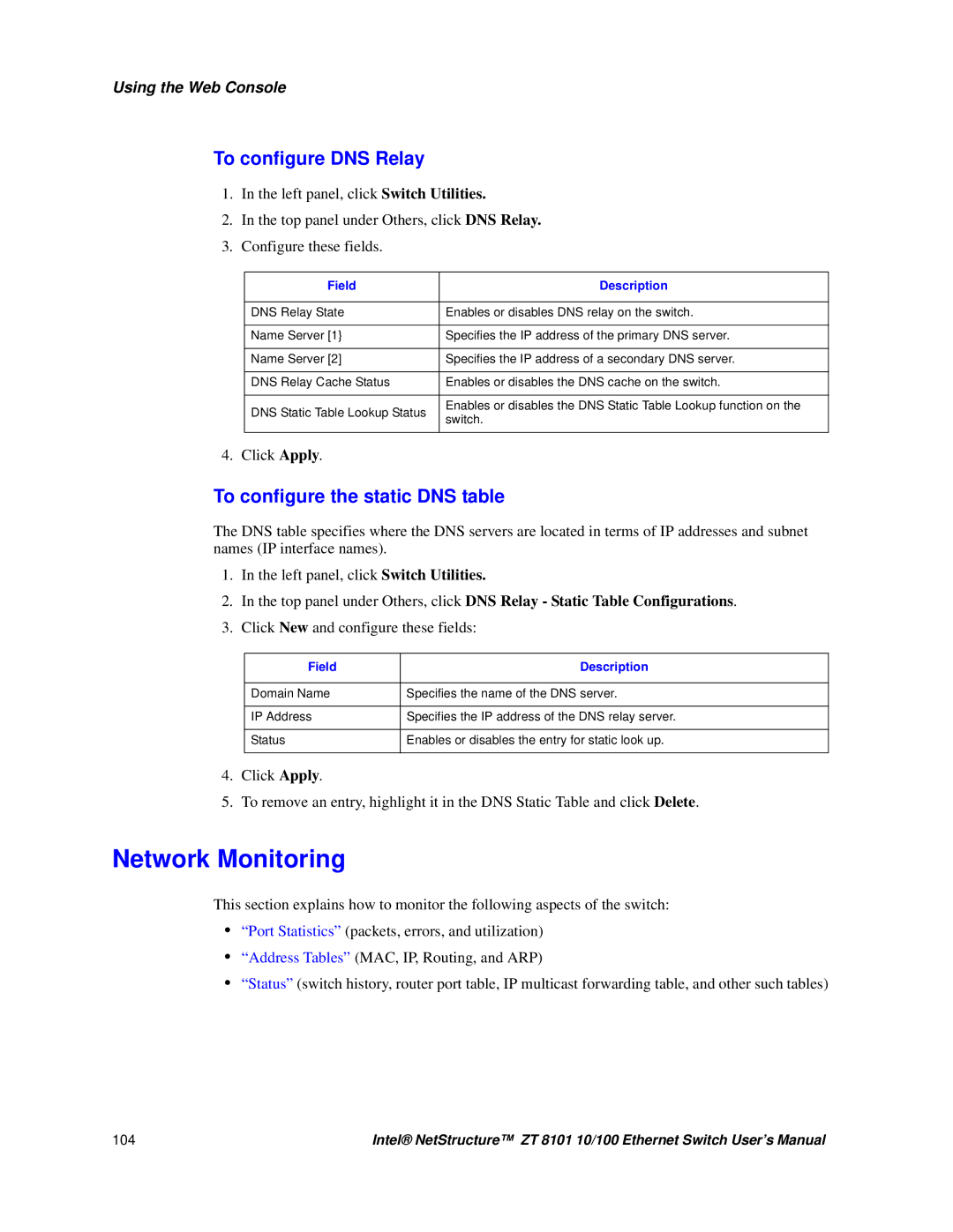 Intel ZT 8101 10/100 user manual To configure DNS Relay, To configure the static DNS table 