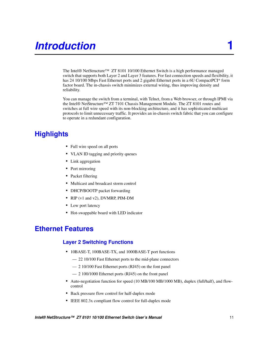 Intel ZT 8101 10/100 user manual Highlights, Ethernet Features, Layer 2 Switching Functions 