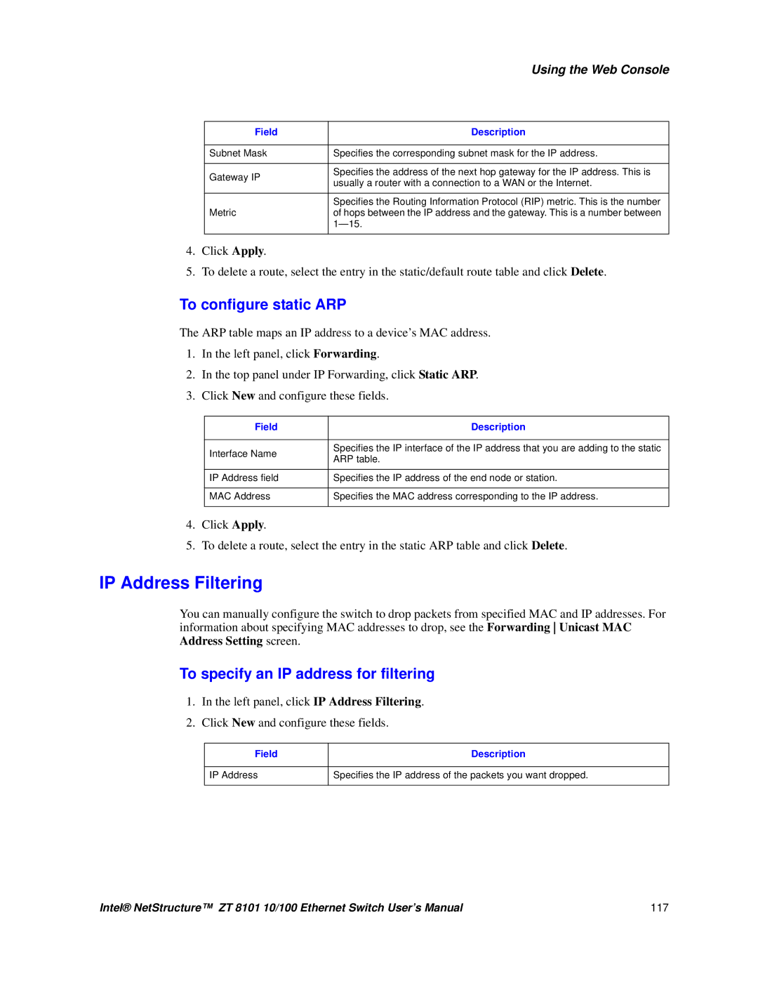 Intel ZT 8101 10/100 user manual IP Address Filtering 