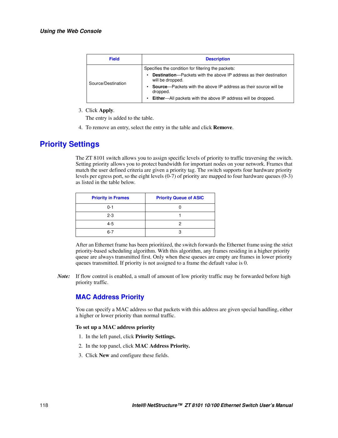 Intel ZT 8101 10/100 user manual Priority Settings, MAC Address Priority, To set up a MAC address priority, Field 