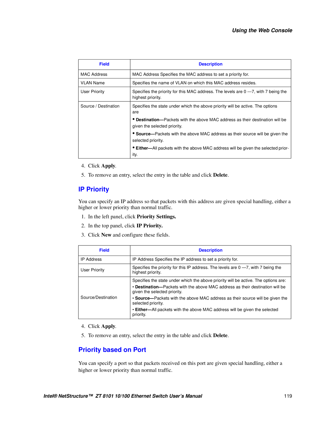 Intel ZT 8101 10/100 user manual IP Priority, Priority based on Port 