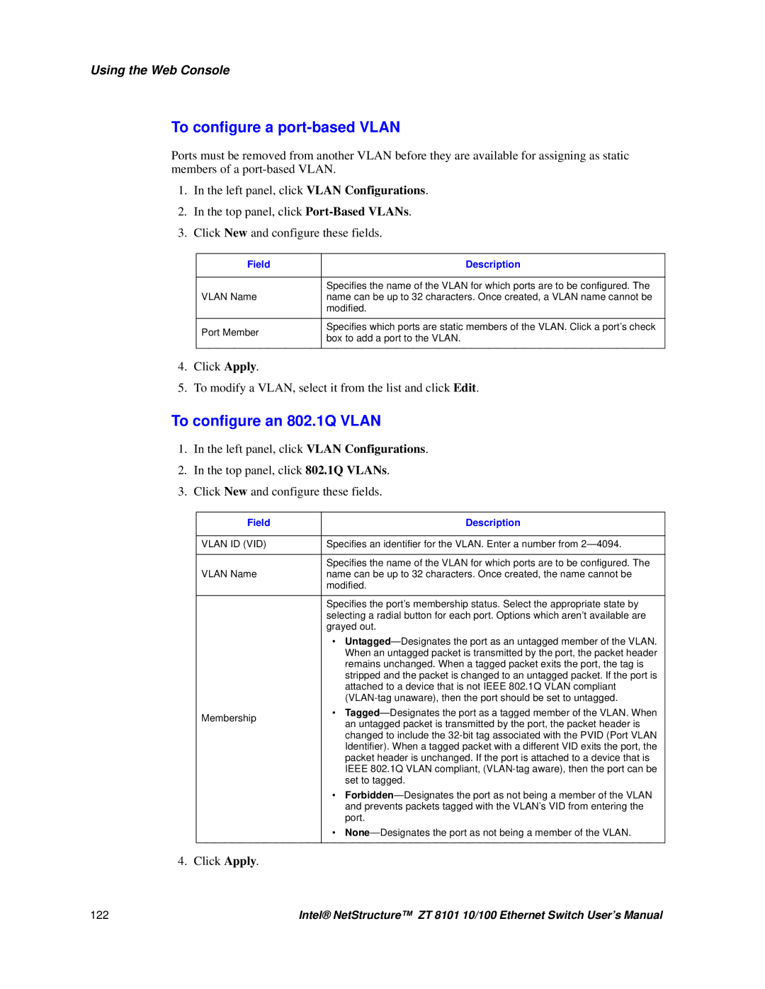 Intel ZT 8101 10/100 user manual To configure a port-based Vlan, To configure an 802.1Q Vlan 