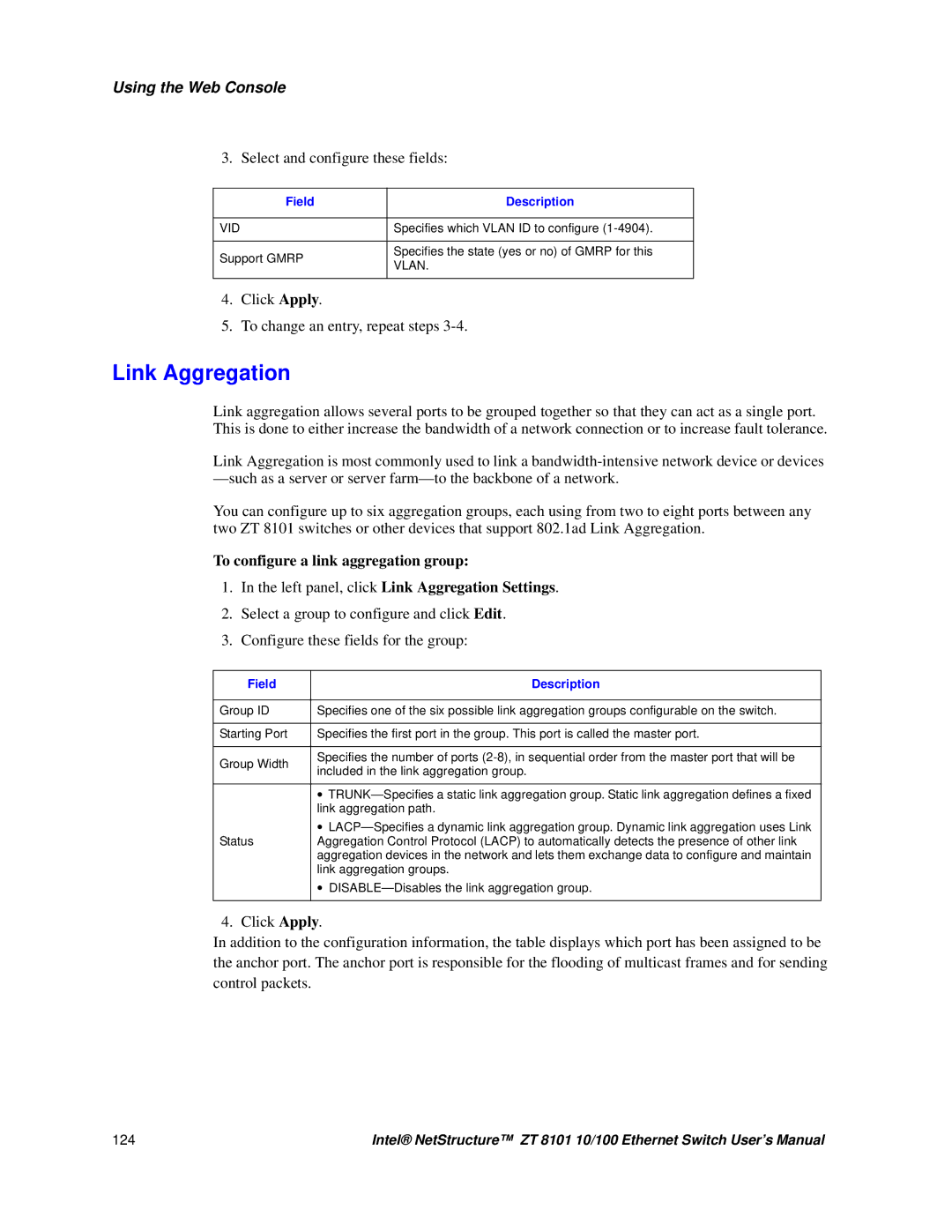 Intel ZT 8101 10/100 user manual Link Aggregation, To configure a link aggregation group 