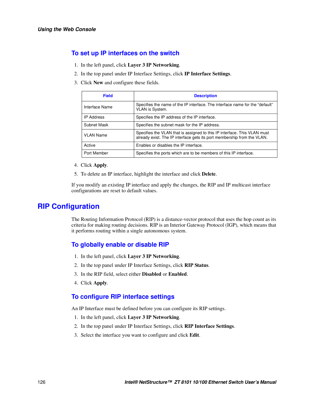 Intel ZT 8101 10/100 user manual To globally enable or disable RIP, To configure RIP interface settings 