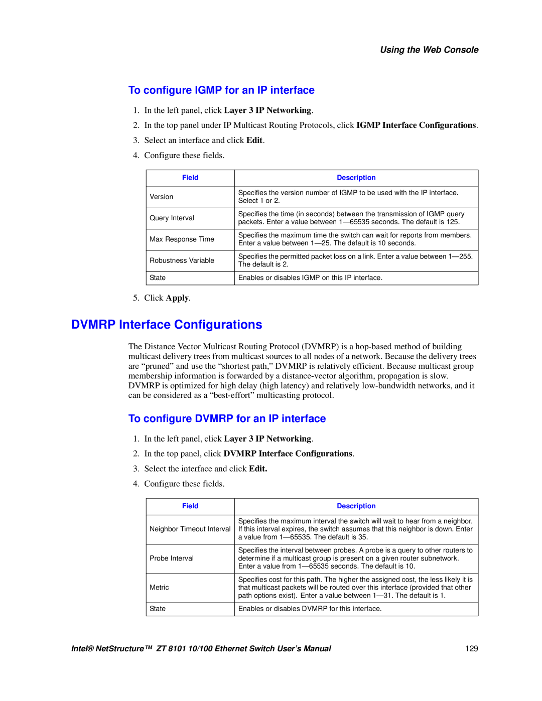 Intel ZT 8101 10/100 user manual Top panel, click Dvmrp Interface Configurations 