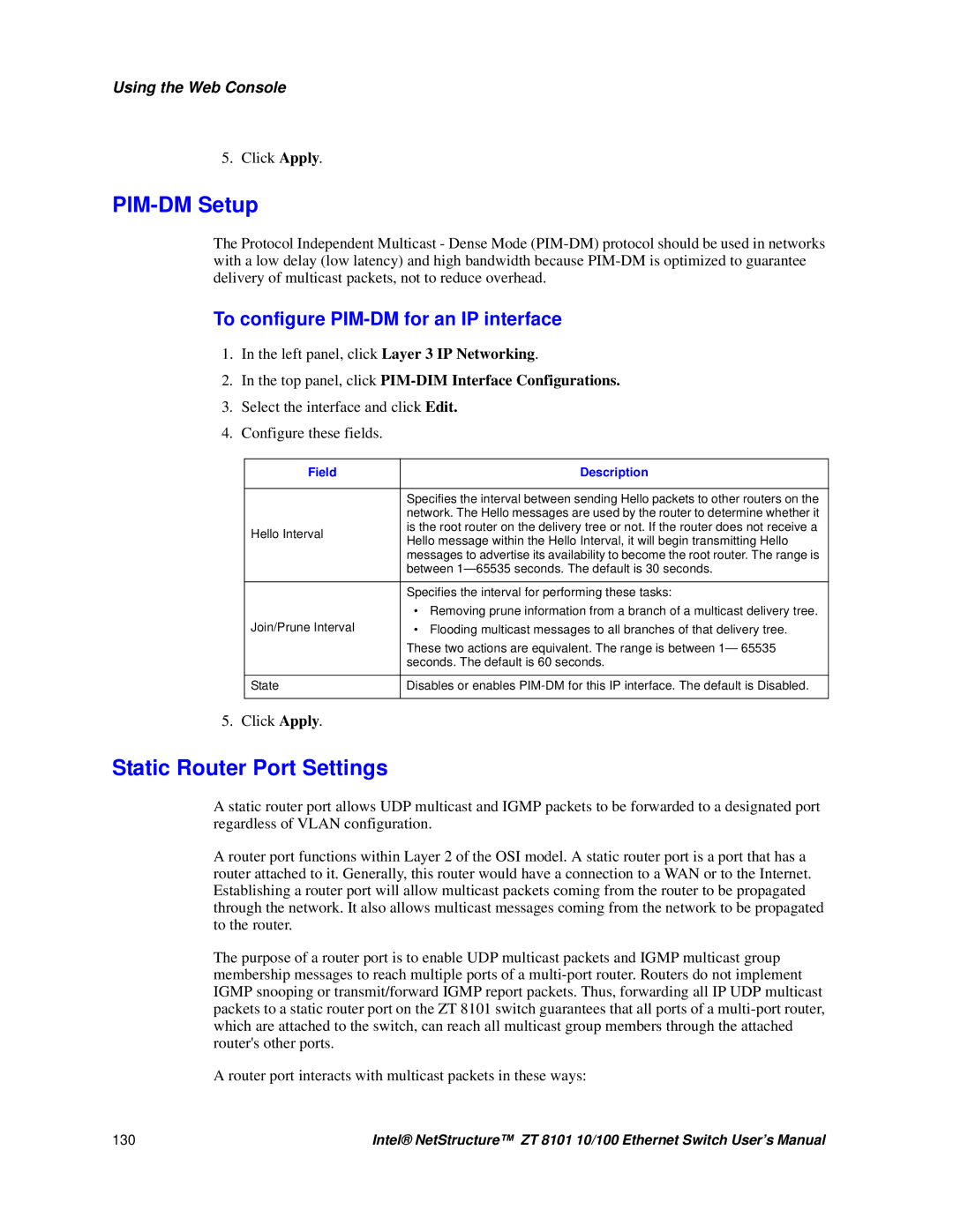 Intel ZT 8101 10/100 PIM-DM Setup, Static Router Port Settings, Top panel, click PIM-DIM Interface Configurations 