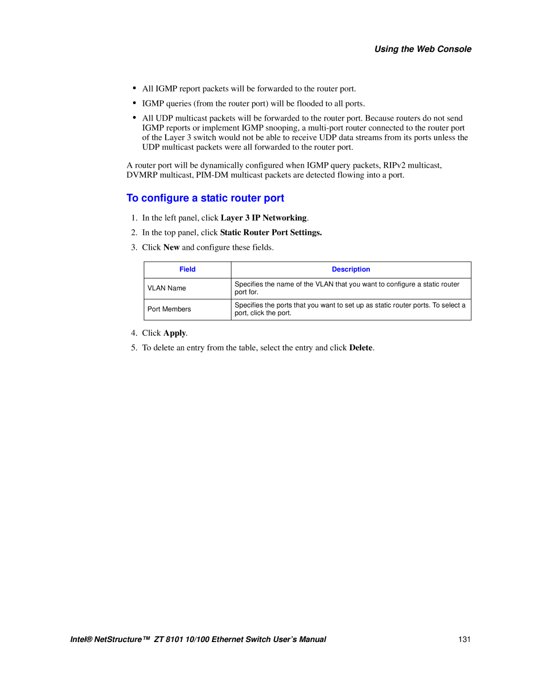 Intel ZT 8101 10/100 user manual To configure a static router port, Top panel, click Static Router Port Settings 