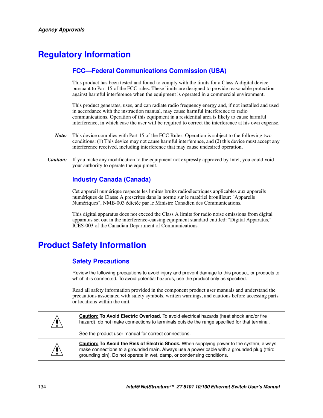 Intel ZT 8101 10/100 Regulatory Information, Product Safety Information, FCC-Federal Communications Commission USA 