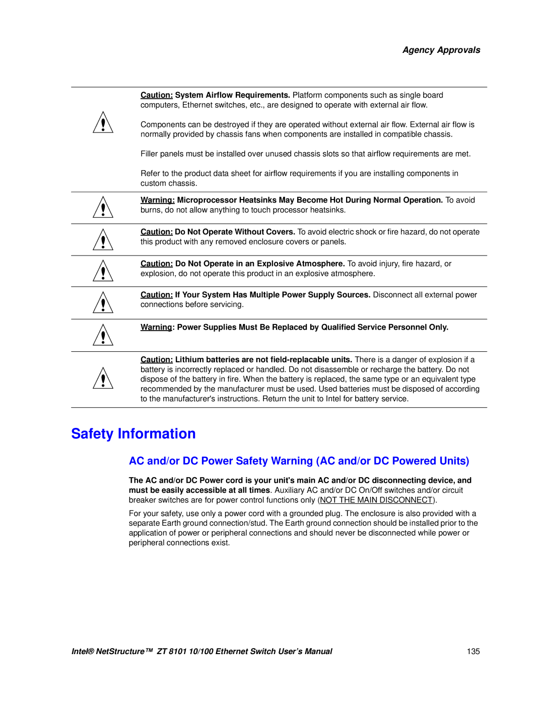 Intel ZT 8101 10/100 user manual Safety Information, AC and/or DC Power Safety Warning AC and/or DC Powered Units 