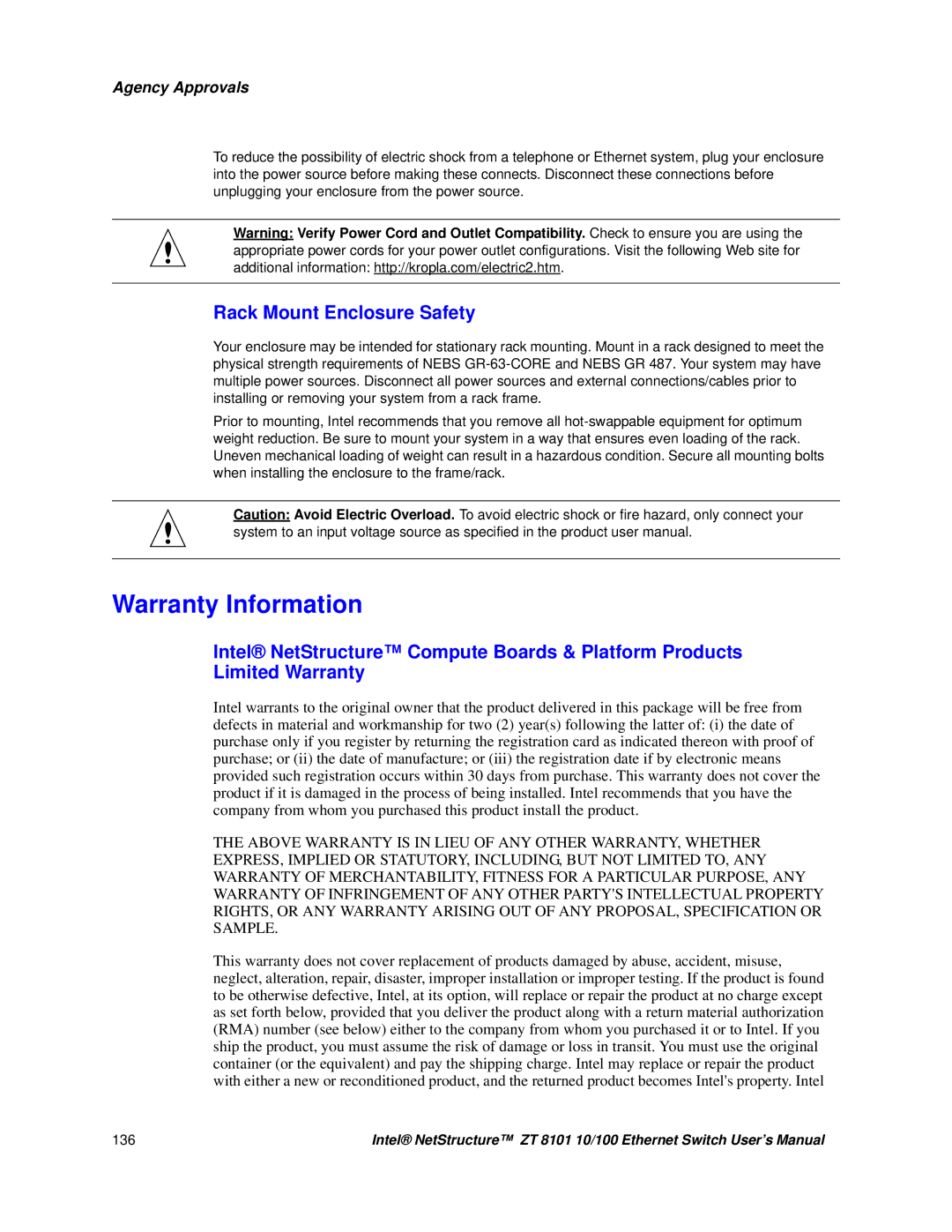 Intel ZT 8101 10/100 user manual Warranty Information, Rack Mount Enclosure Safety 