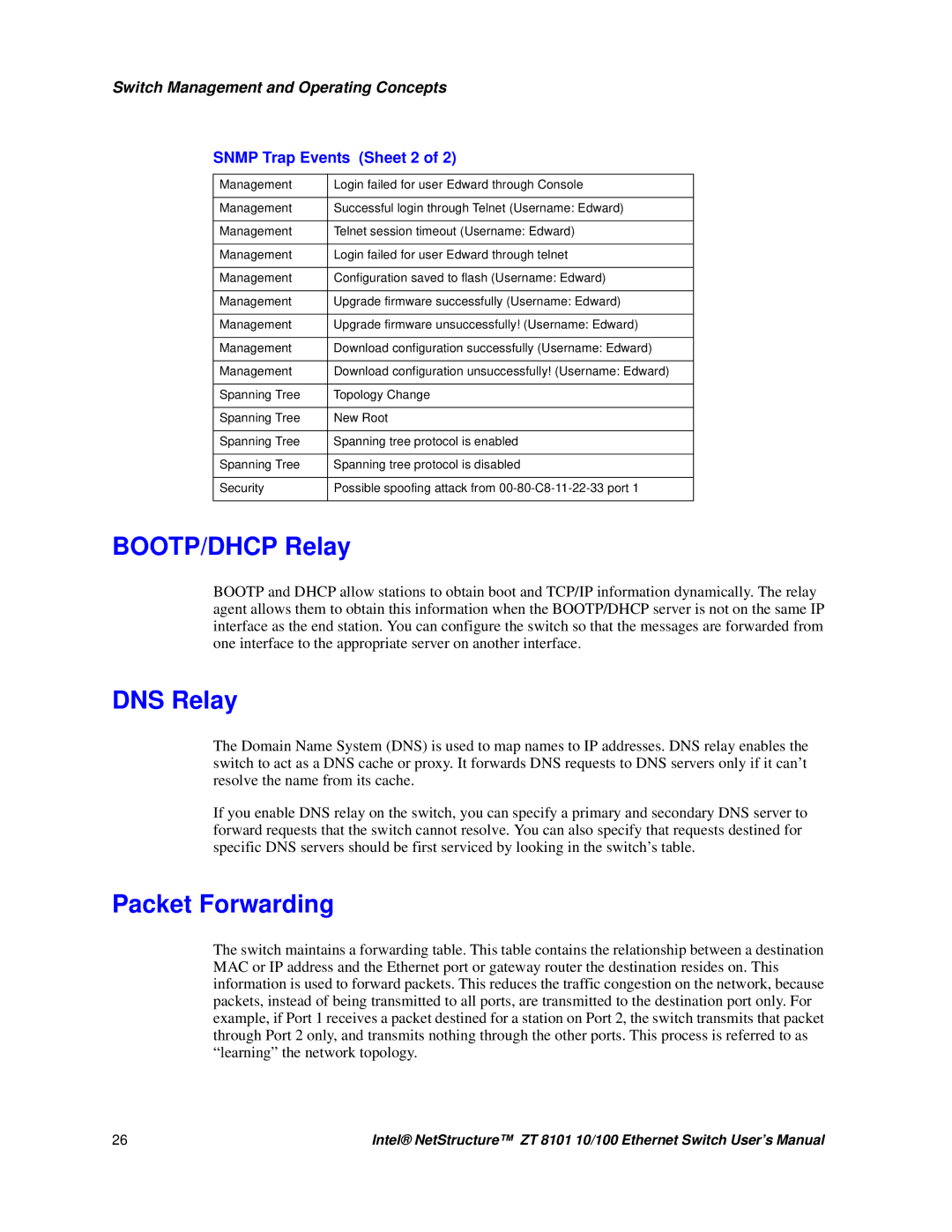 Intel ZT 8101 10/100 user manual BOOTP/DHCP Relay, DNS Relay, Packet Forwarding 