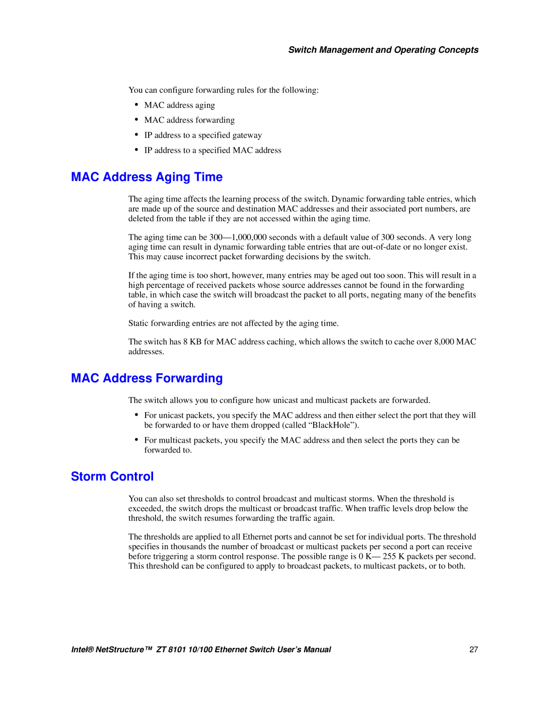 Intel ZT 8101 10/100 user manual MAC Address Aging Time, MAC Address Forwarding, Storm Control 