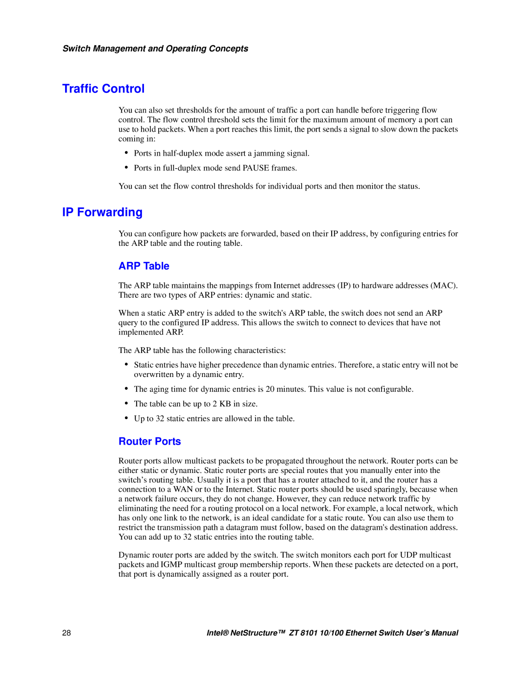 Intel ZT 8101 10/100 user manual Traffic Control, IP Forwarding, ARP Table, Router Ports 