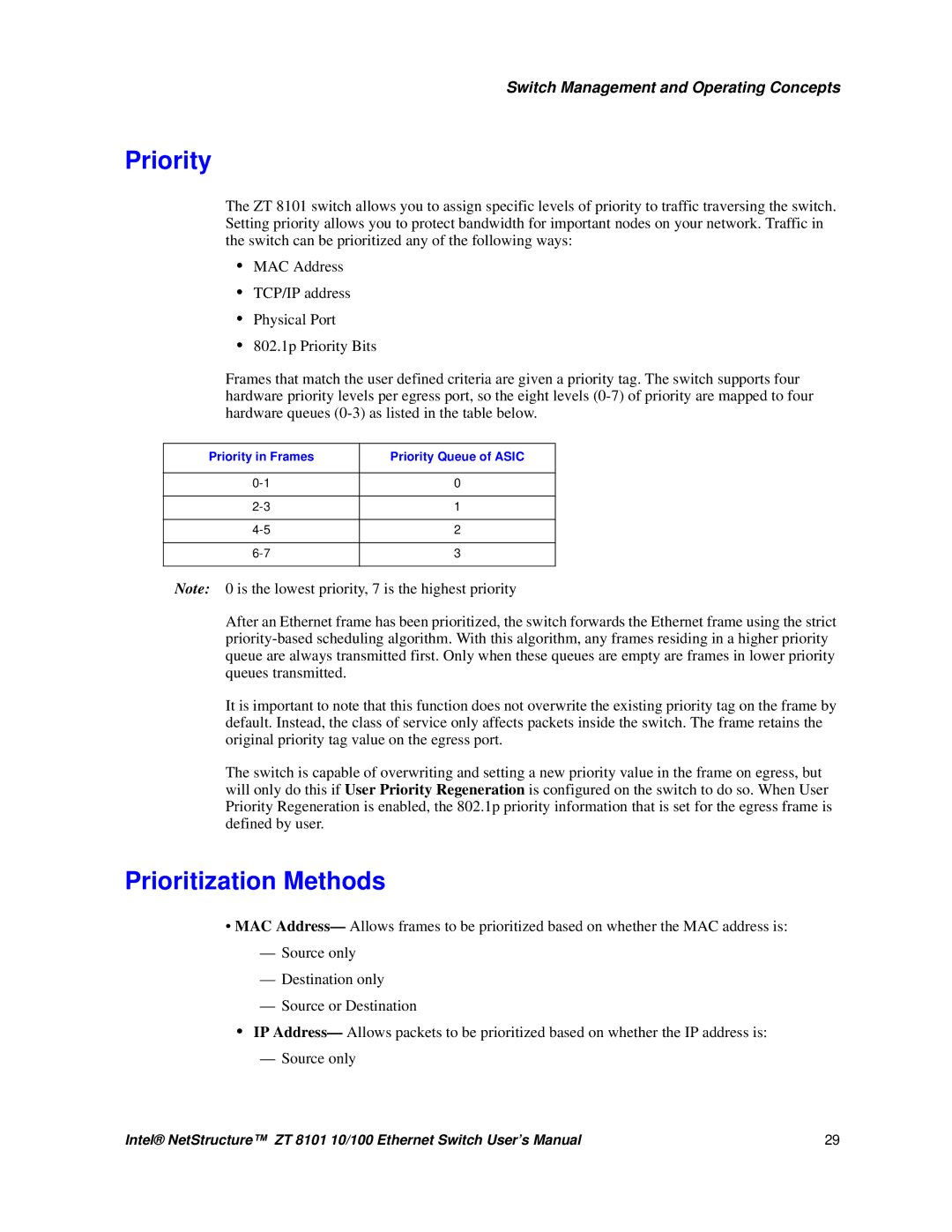 Intel ZT 8101 10/100 user manual Prioritization Methods, Priority in Frames Priority Queue of Asic 