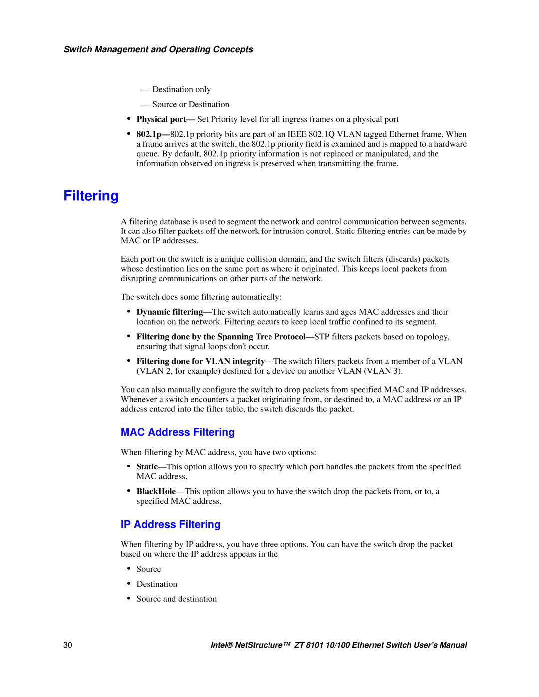 Intel ZT 8101 10/100 user manual MAC Address Filtering, IP Address Filtering 