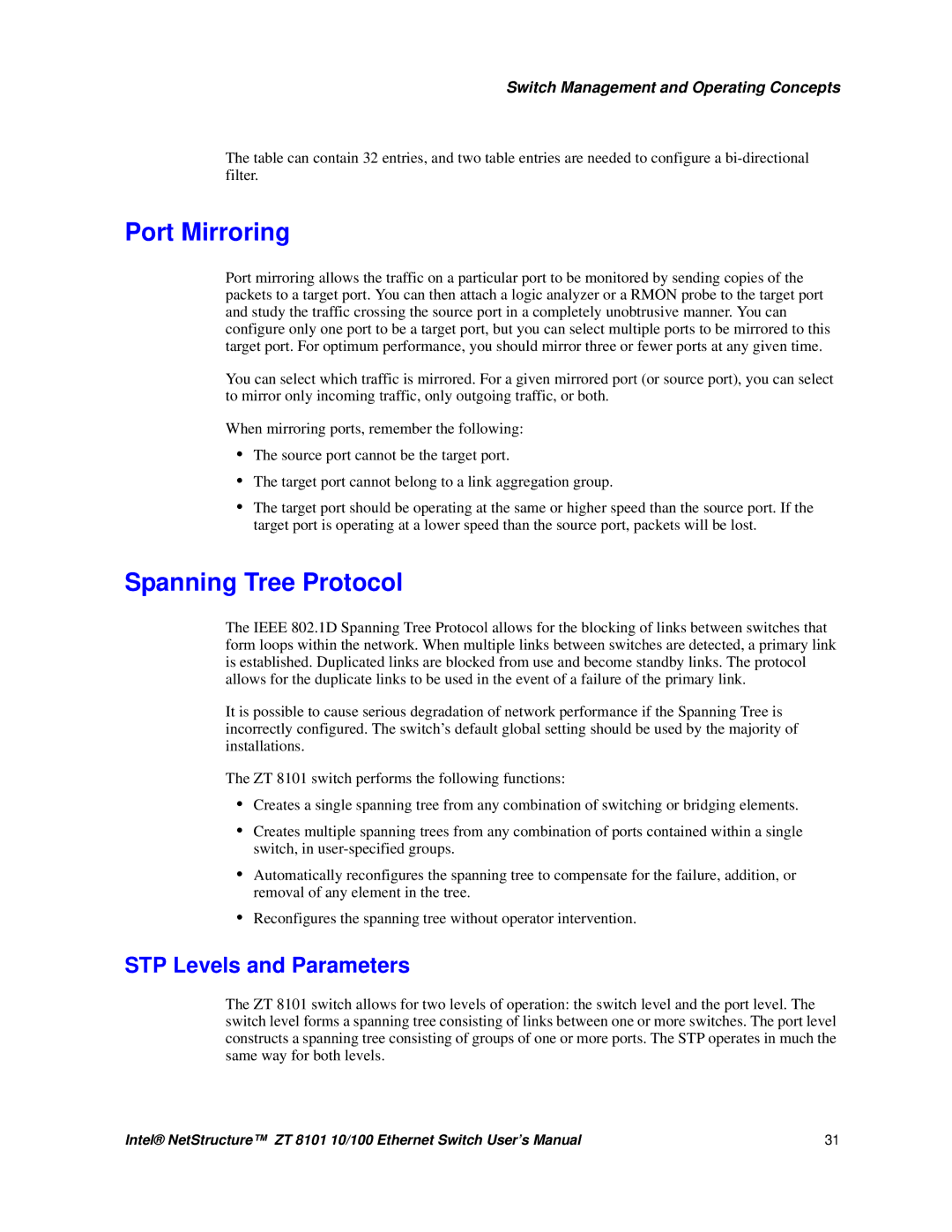 Intel ZT 8101 10/100 user manual Port Mirroring, Spanning Tree Protocol, STP Levels and Parameters 