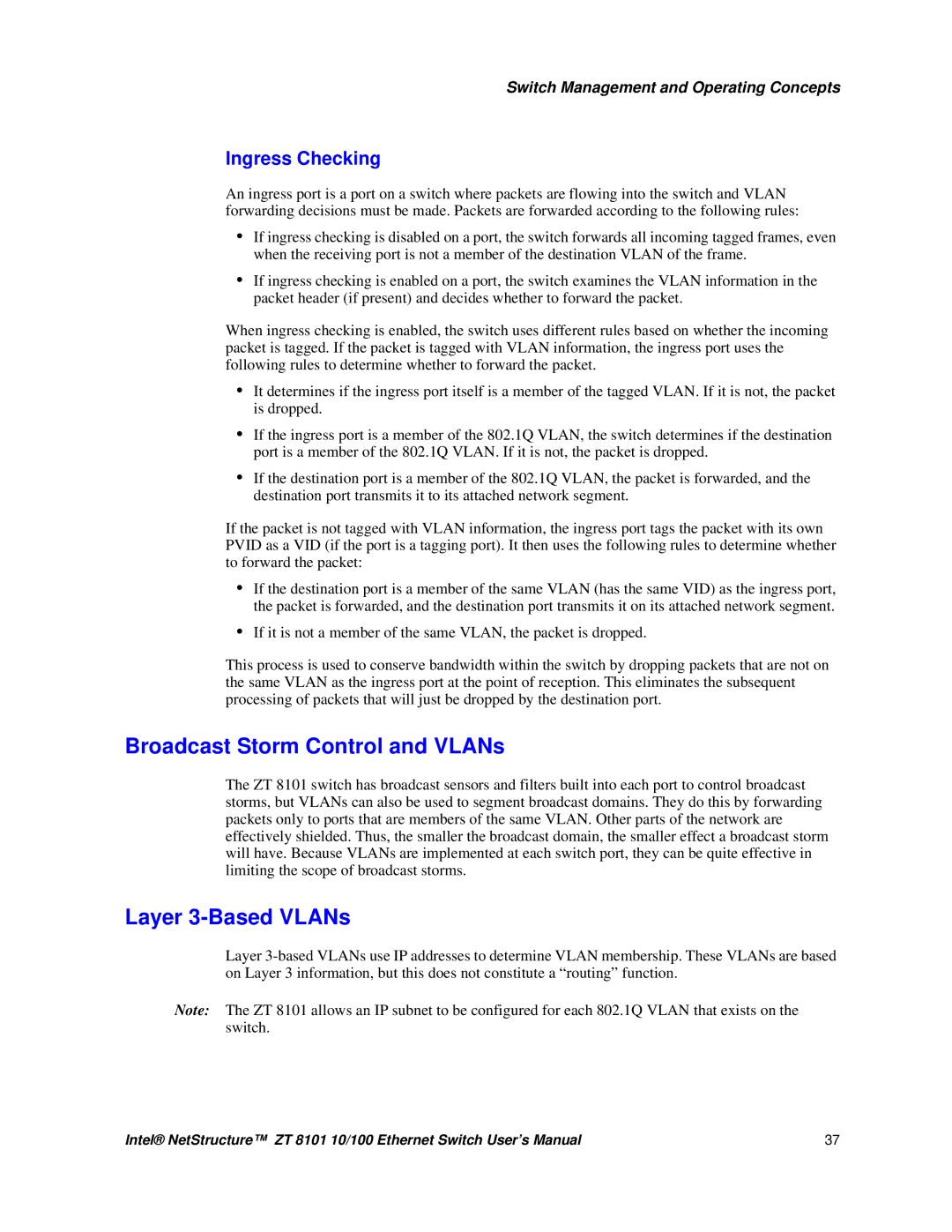 Intel ZT 8101 10/100 user manual Broadcast Storm Control and VLANs, Layer 3-Based VLANs, Ingress Checking 