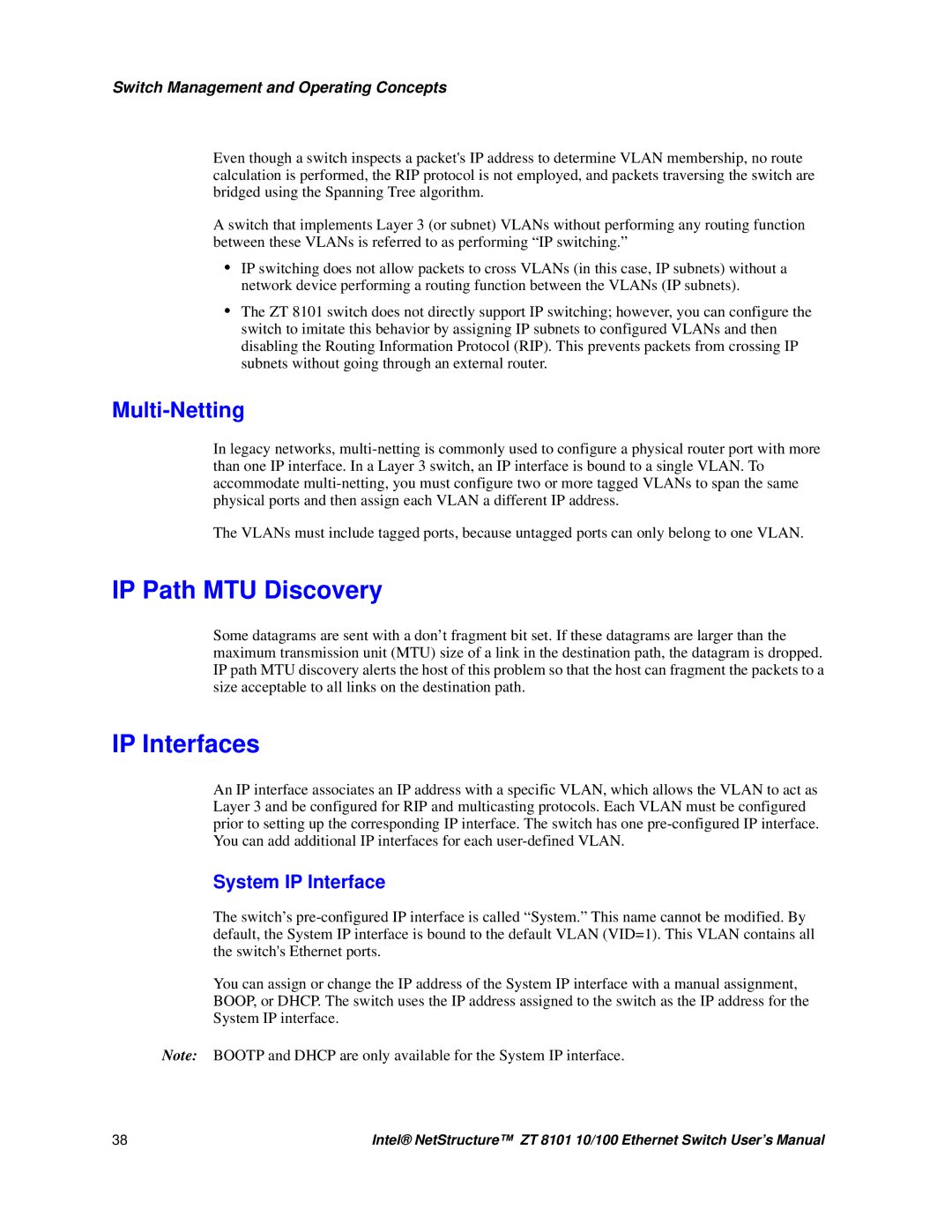 Intel ZT 8101 10/100 user manual IP Path MTU Discovery, IP Interfaces, Multi-Netting, System IP Interface 