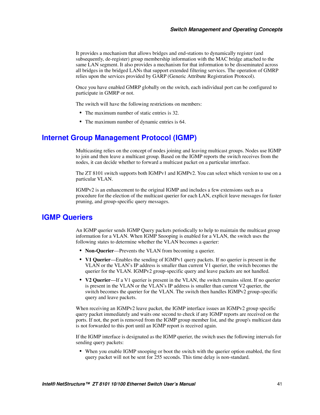 Intel ZT 8101 10/100 user manual Internet Group Management Protocol Igmp, Igmp Queriers 