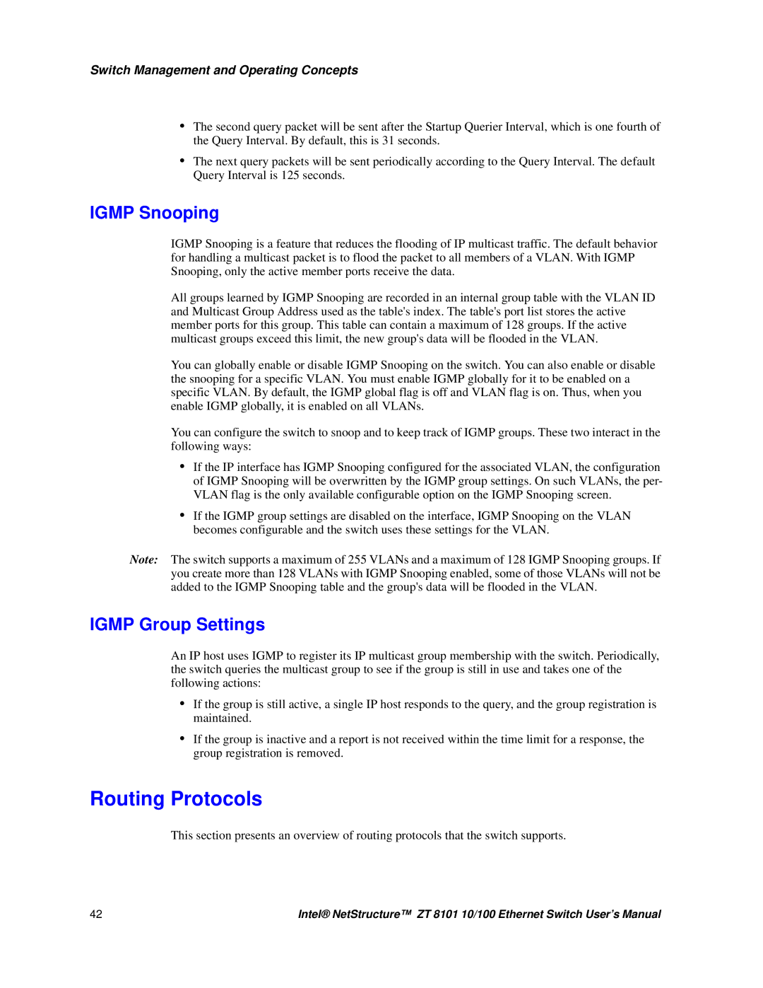 Intel ZT 8101 10/100 user manual Routing Protocols, Igmp Snooping, Igmp Group Settings 