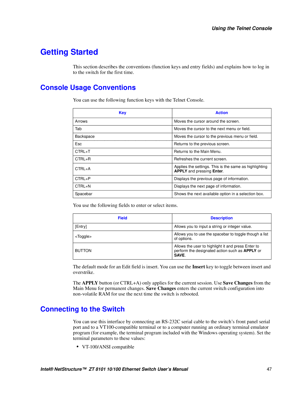 Intel ZT 8101 10/100 user manual Getting Started, Console Usage Conventions, Connecting to the Switch 