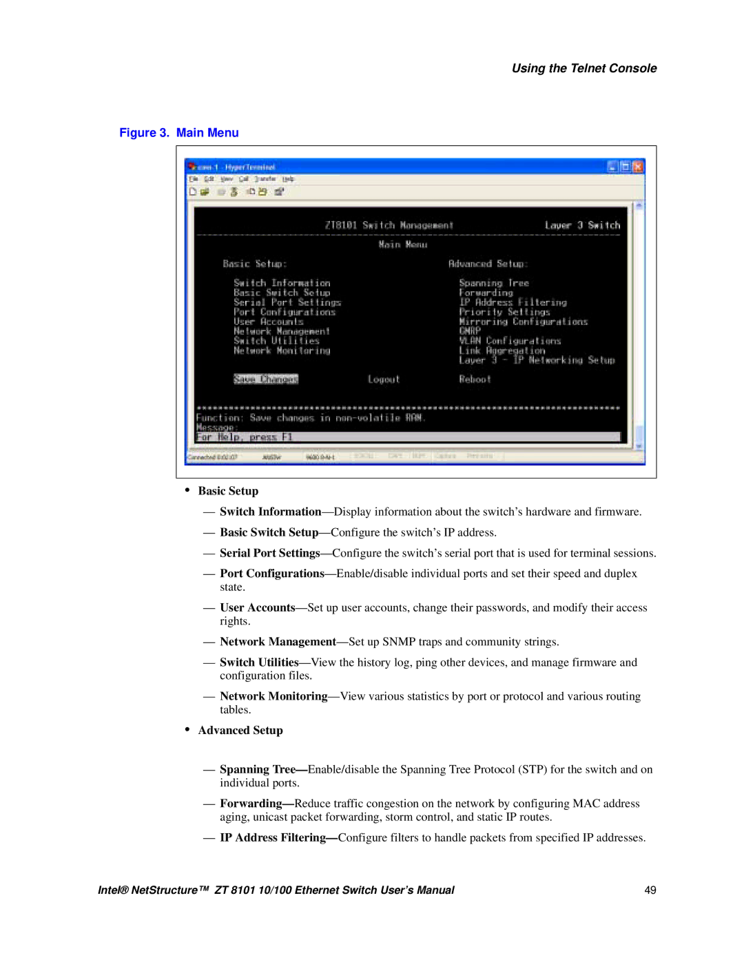 Intel ZT 8101 10/100 user manual Basic Setup, Advanced Setup 