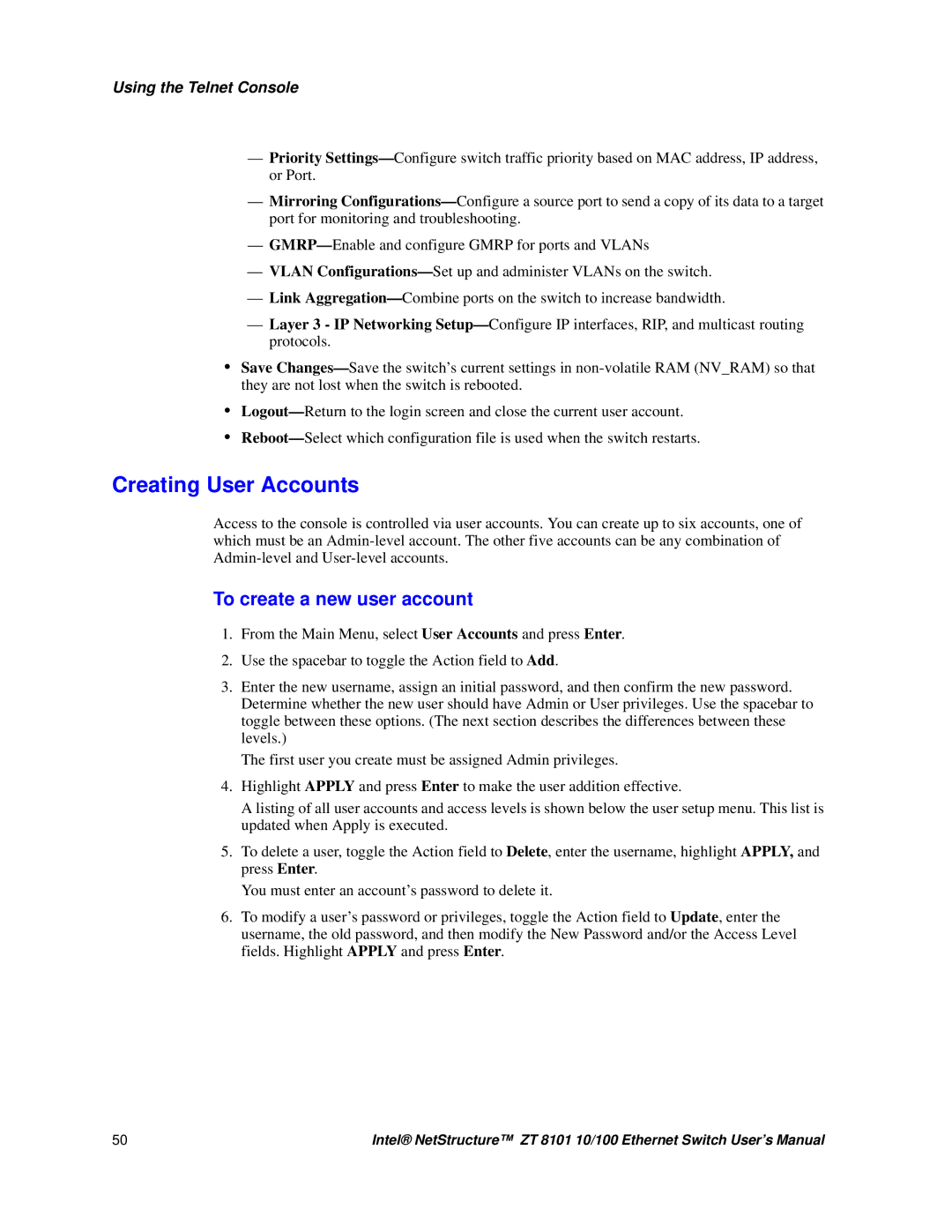 Intel ZT 8101 10/100 user manual Creating User Accounts, To create a new user account 