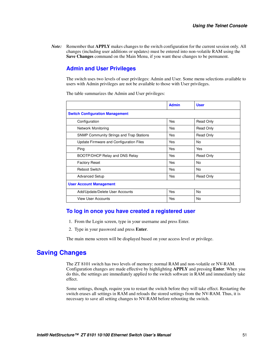 Intel ZT 8101 10/100 Saving Changes, Admin and User Privileges, To log in once you have created a registered user 