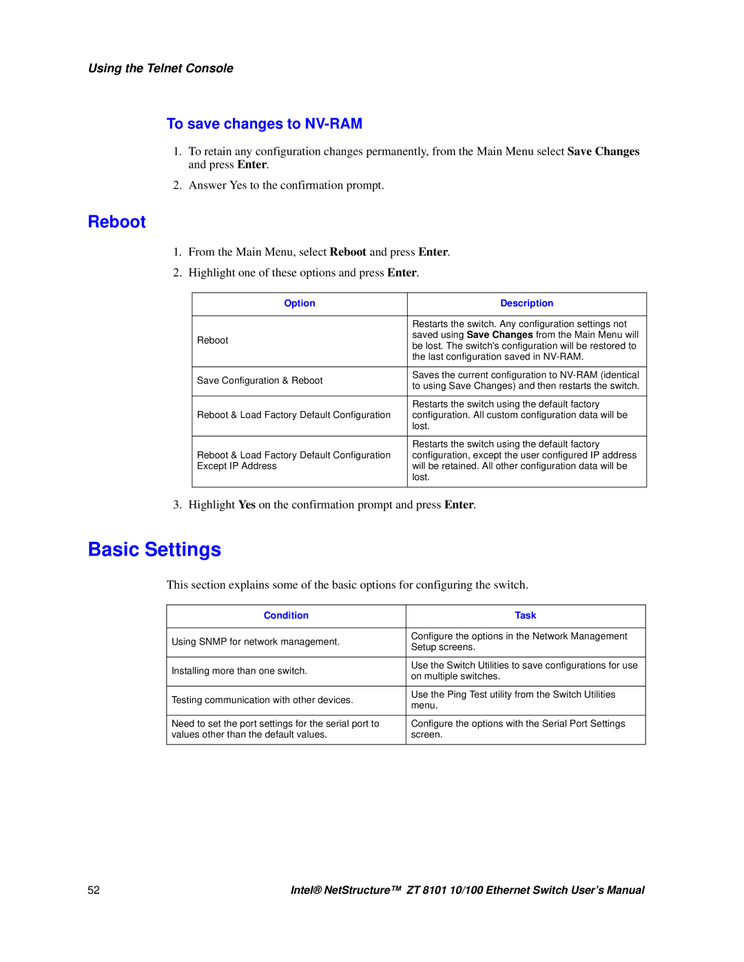 Intel ZT 8101 10/100 user manual Basic Settings, Reboot, To save changes to NV-RAM 