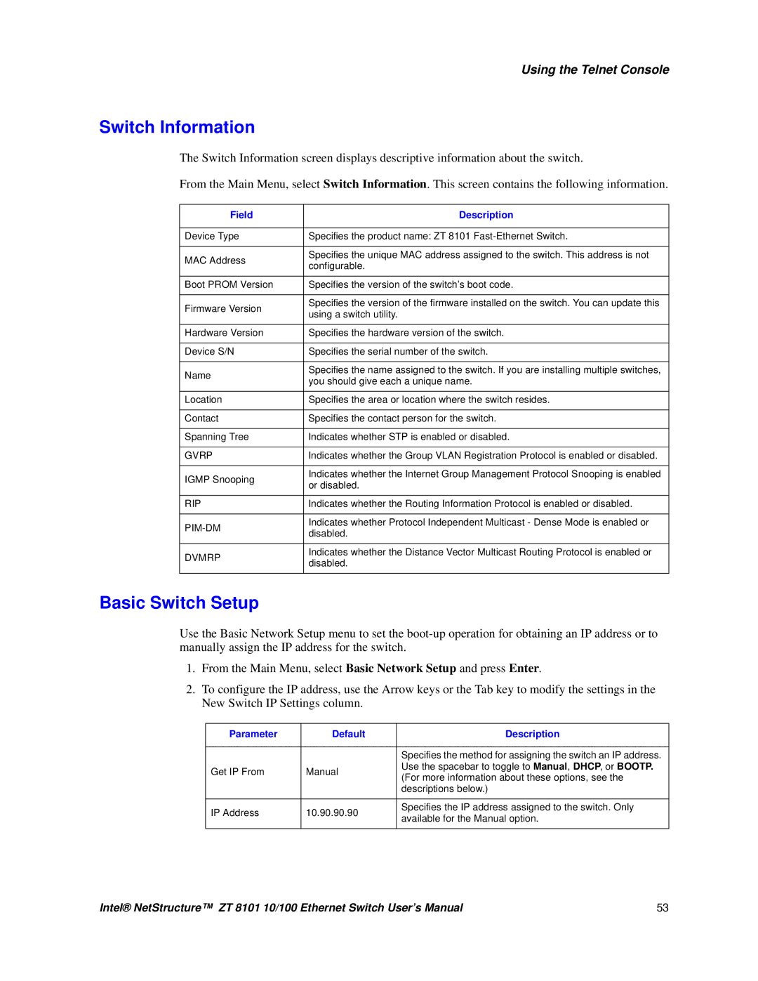 Intel ZT 8101 10/100 user manual Switch Information, Basic Switch Setup 