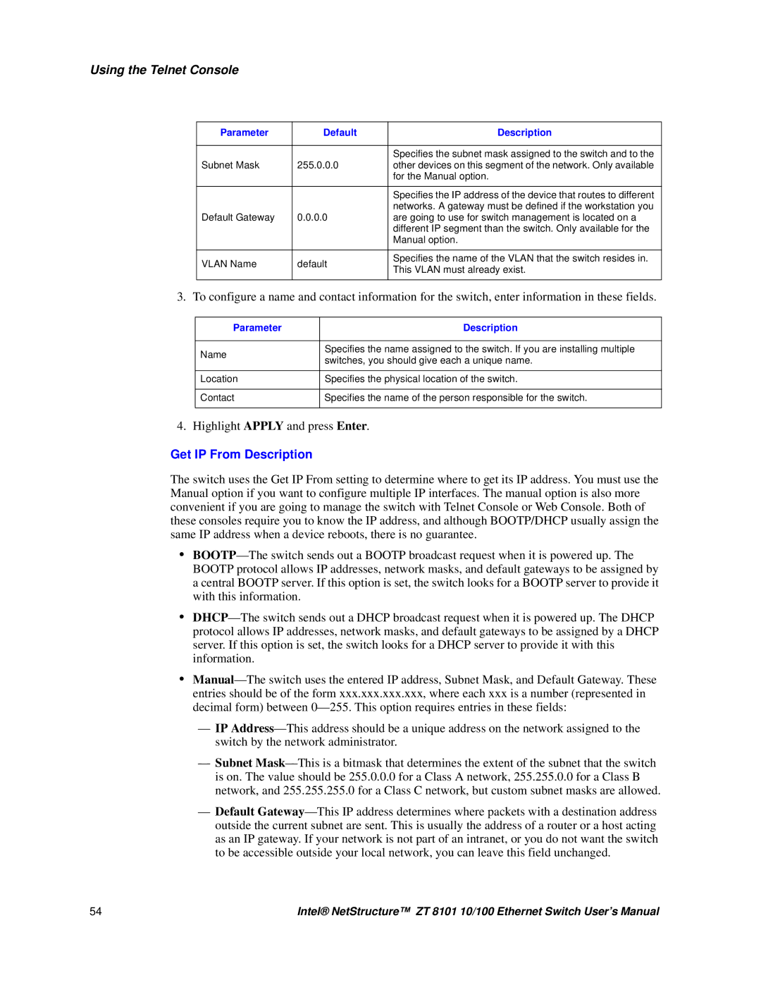 Intel ZT 8101 10/100 user manual Highlight Apply and press Enter, For the Manual option 