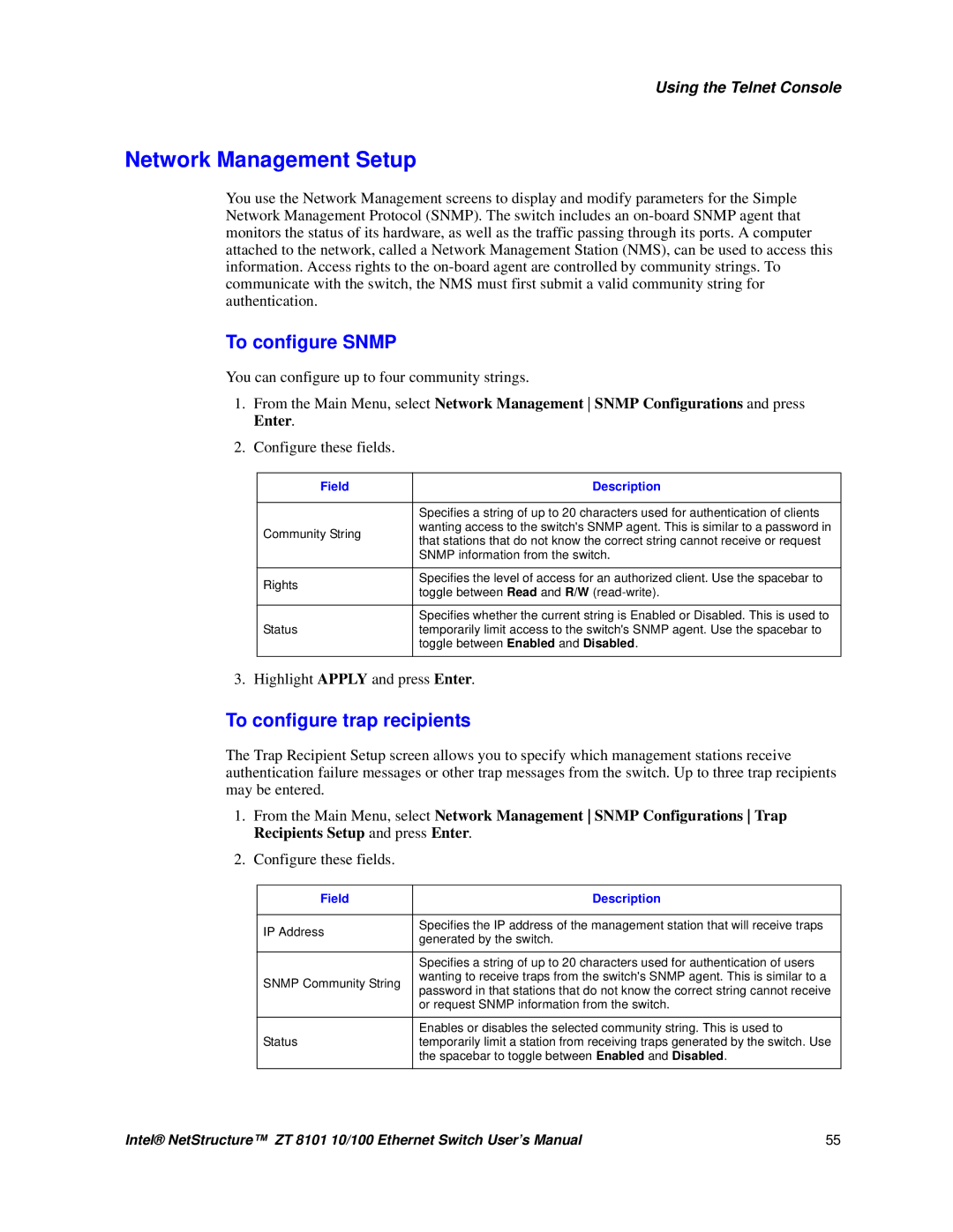 Intel ZT 8101 10/100 user manual Network Management Setup, To configure Snmp, To configure trap recipients 