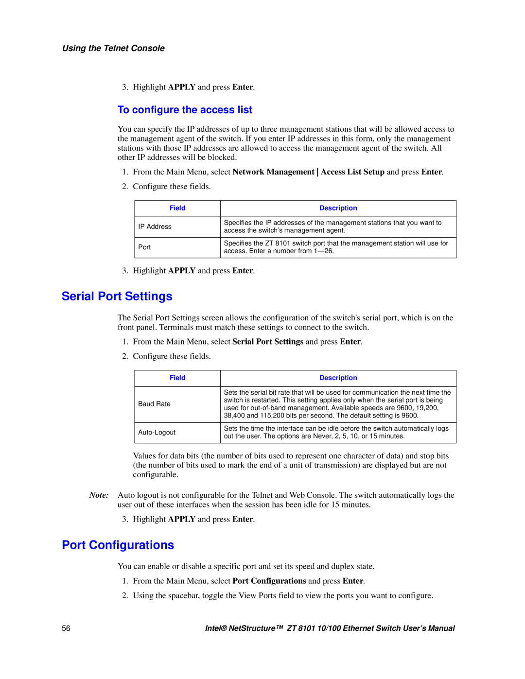 Intel ZT 8101 10/100 user manual Serial Port Settings, Port Configurations, To configure the access list 