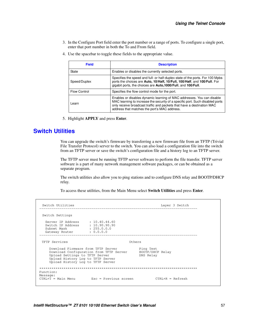 Intel ZT 8101 10/100 user manual Switch Utilities 