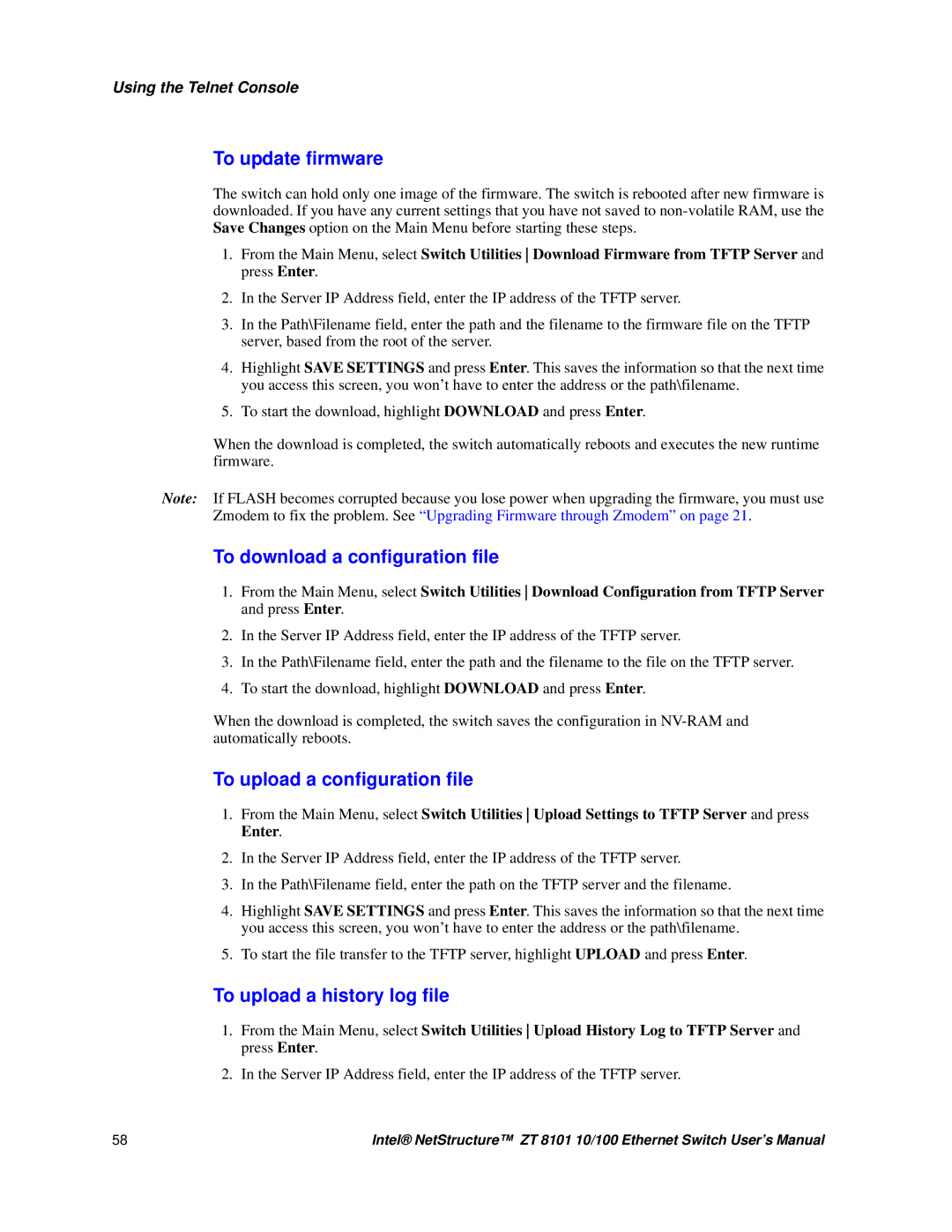 Intel ZT 8101 10/100 user manual To update firmware, To download a configuration file, To upload a configuration file 