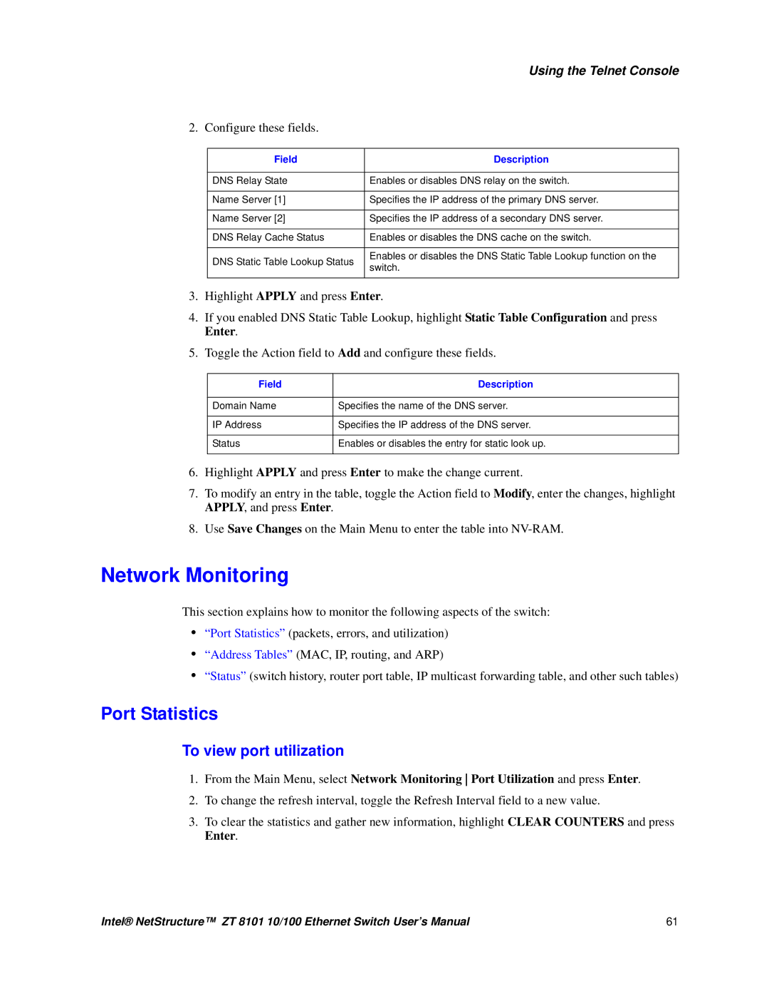 Intel ZT 8101 10/100 user manual Network Monitoring, Port Statistics, To view port utilization 